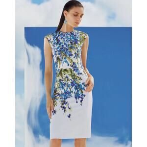ST. JOHN Womens 8 White Blue Budding Floral Shea Silk Midi Dress Designer NEW